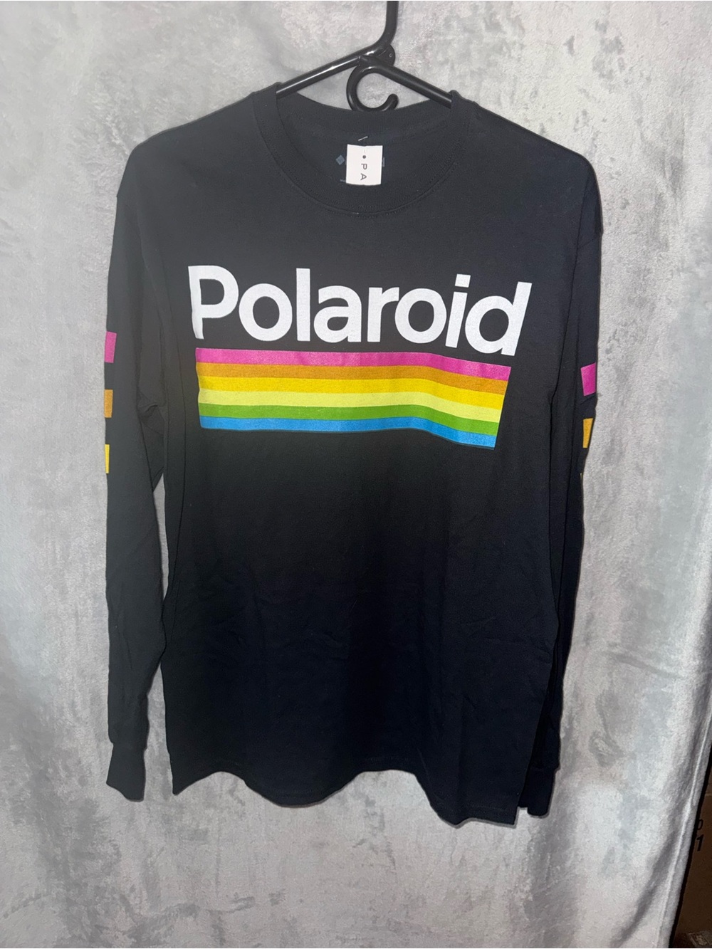 Polaroid Black Long Sleeve Tee with Rainbow Stripes